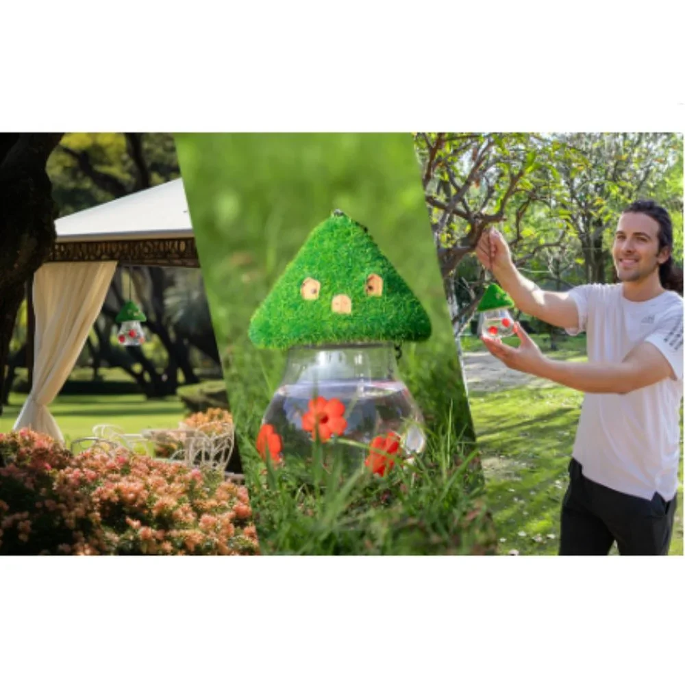 Hummingbird Feeder w/ Green Thatched Roof Style + 3 Red Petal Spouts